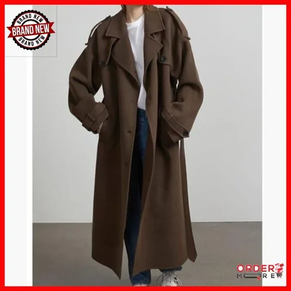 Women's Winter Peacoat Trench Coat Double Breasted Belted Long Sleeve - Picture 4 of 6